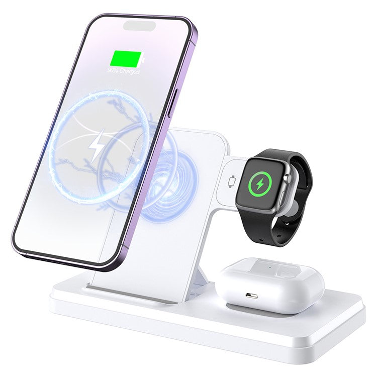 HT-514 3-in-1 Foldable Charging Dock 15W Wireless Charger for Phone / Watch / Earbuds - White