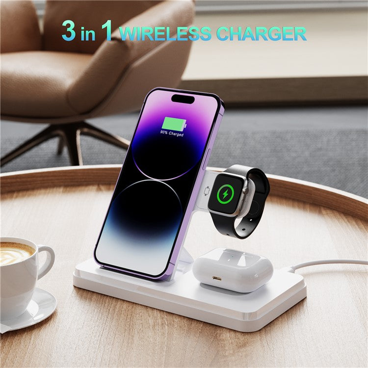 HT-514 3-in-1 Foldable Charging Dock 15W Wireless Charger for Phone / Watch / Earbuds - White