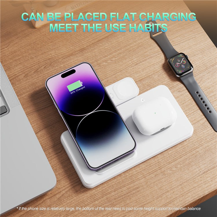 HT-514 3-in-1 Foldable Charging Dock 15W Wireless Charger for Phone / Watch / Earbuds - White