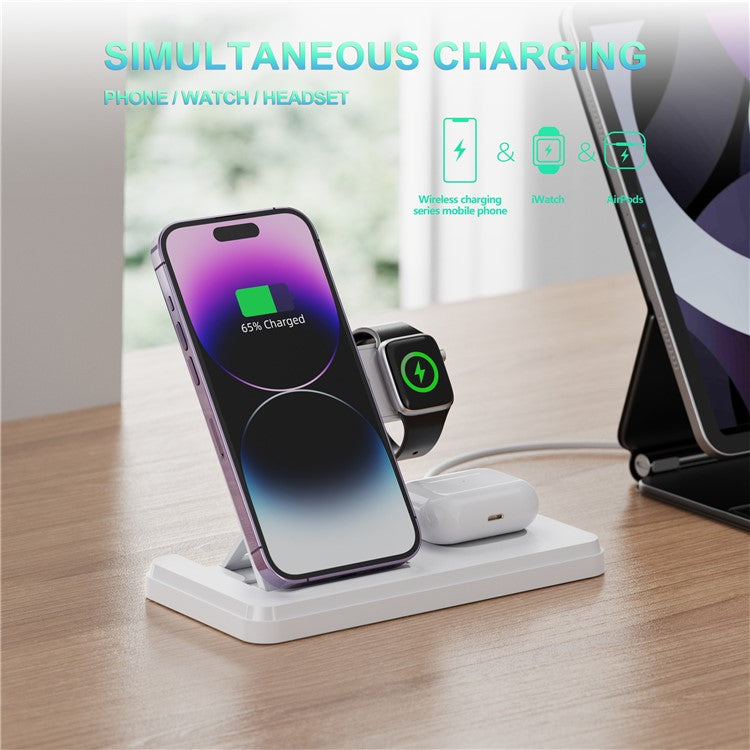 HT-514 3-in-1 Foldable Charging Dock 15W Wireless Charger for Phone / Watch / Earbuds - White