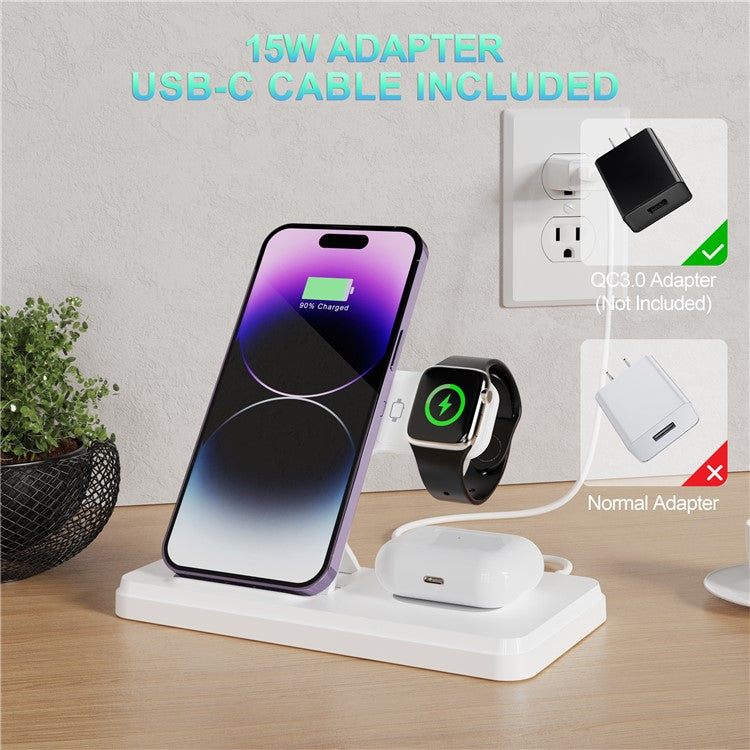 HT-514 3-in-1 Foldable Charging Dock 15W Wireless Charger for Phone / Watch / Earbuds - White