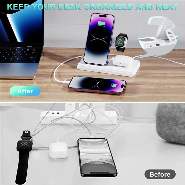 HT-514 3-in-1 Foldable Charging Dock 15W Wireless Charger for Phone / Watch / Earbuds - White