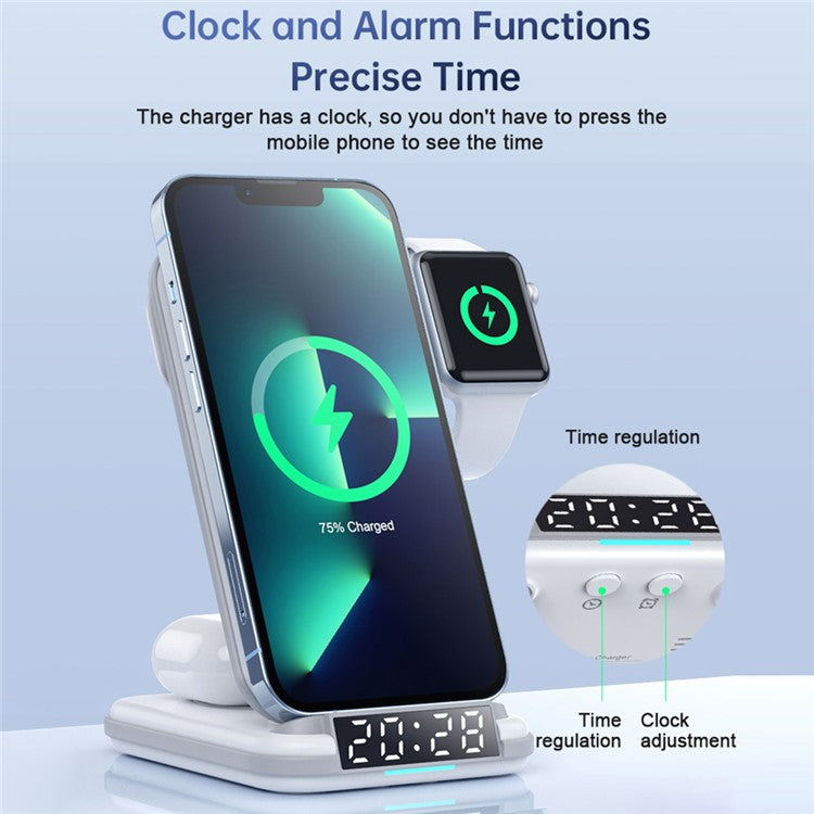 LFX-180 For Phone / Smart Watch / Earbuds Wireless Charger Desktop Charging Station with Alarm Clock