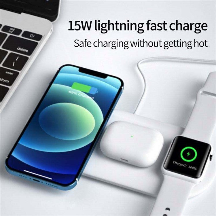 15W Max Charging Pad for Phone / Earbuds / Smart Watch 3-in-1 Desktop Wireless Charger - White