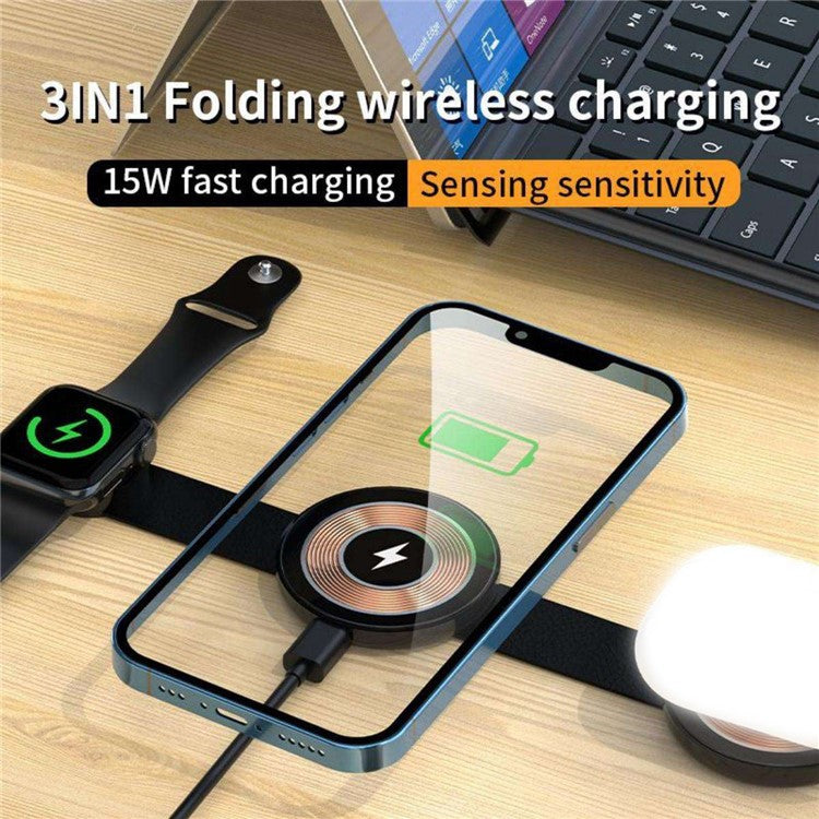 W-162 3-in-1 Foldable Charging Dock Magnetic Wireless Charger for iWatch / AirPods / Phone - Black