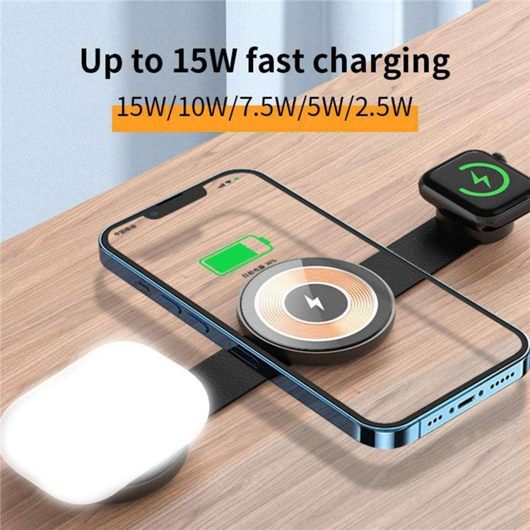 W-162 3-in-1 Foldable Charging Dock Magnetic Wireless Charger for iWatch / AirPods / Phone - Black