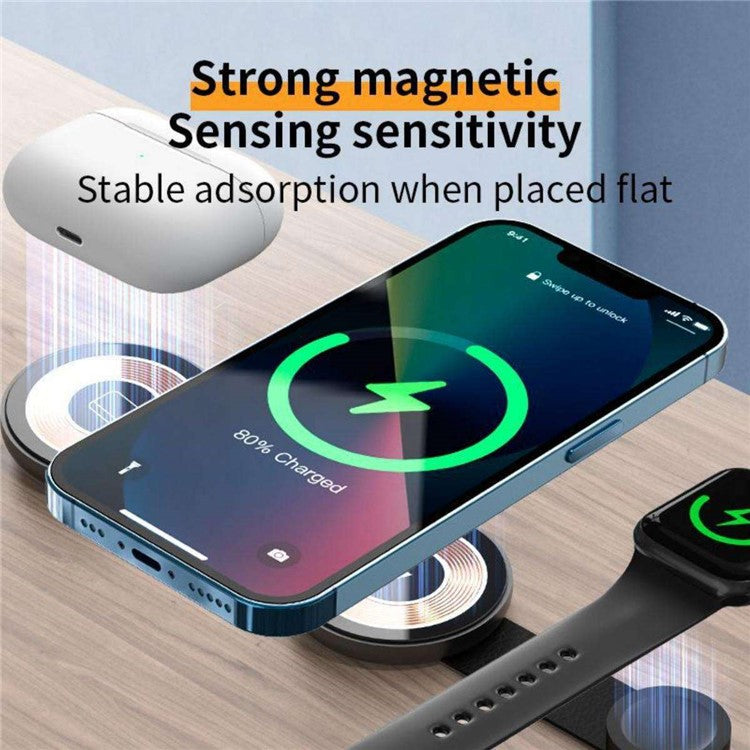 W-162 3-in-1 Foldable Charging Dock Magnetic Wireless Charger for iWatch / AirPods / Phone - Black