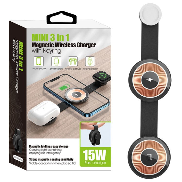 W-162 3-in-1 Foldable Charging Dock Magnetic Wireless Charger for iWatch / AirPods / Phone - Black