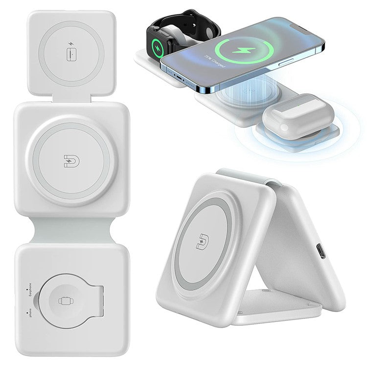 W-126 3 In 1 Wireless Magnetic Charging Station Phone Charging Pad Foldable Watch Earphone Charger - White