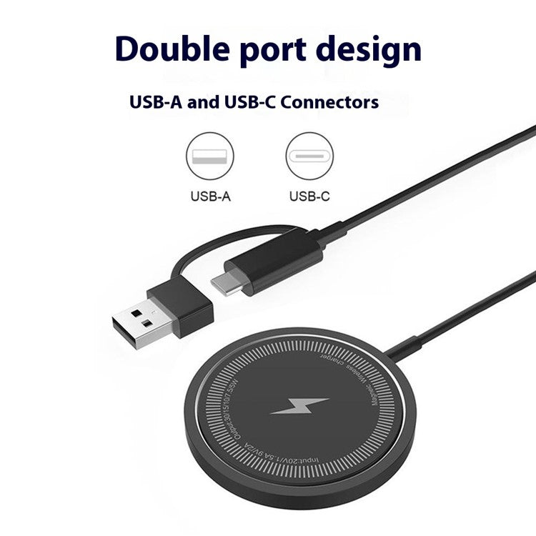 W104 USB+Type-C Interface Wireless Charger 15W Wireless Charging Pad Compatible with MagSafe - Black