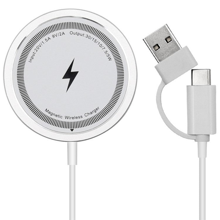 W104 USB+Type-C Interface Wireless Charger 15W Wireless Charging Pad Compatible with MagSafe - White