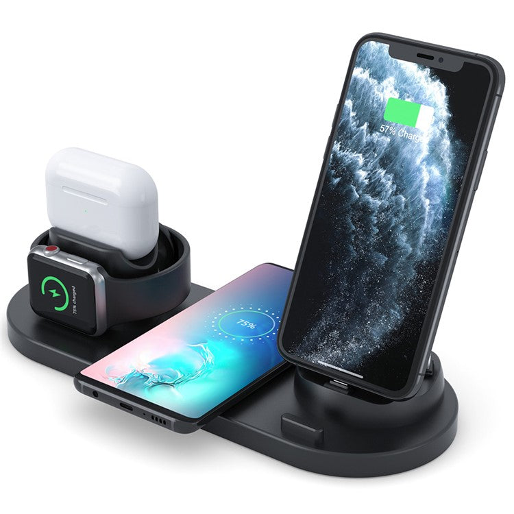 B07C 6-in-1 Desktop Phone Watch Earphone Charging Stand Wireless Charger - Black