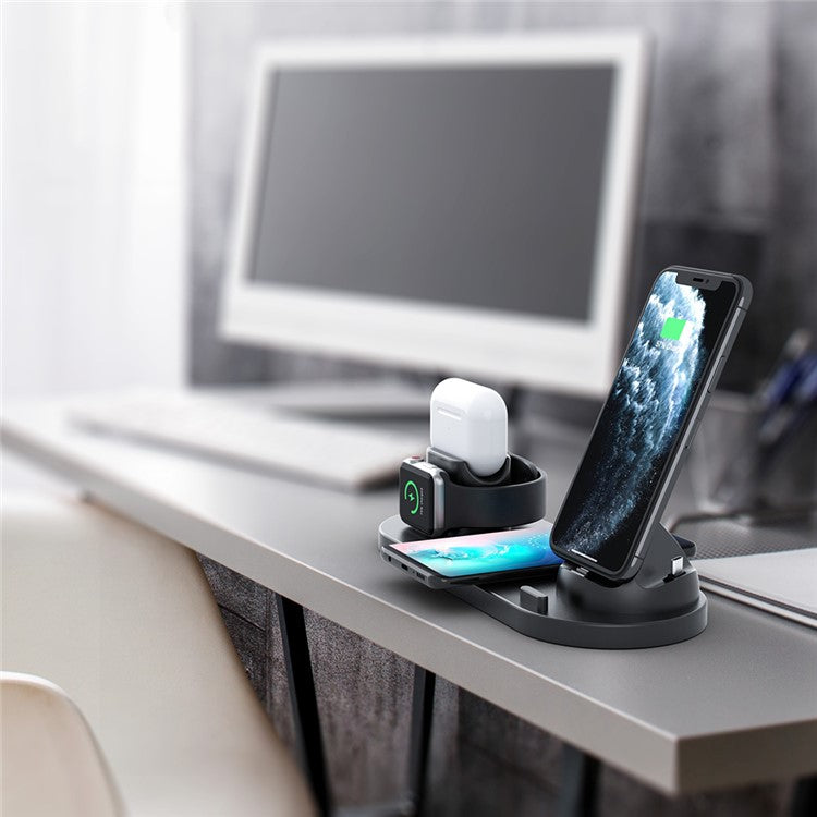 B07C 6-in-1 Desktop Phone Watch Earphone Charging Stand Wireless Charger - Black