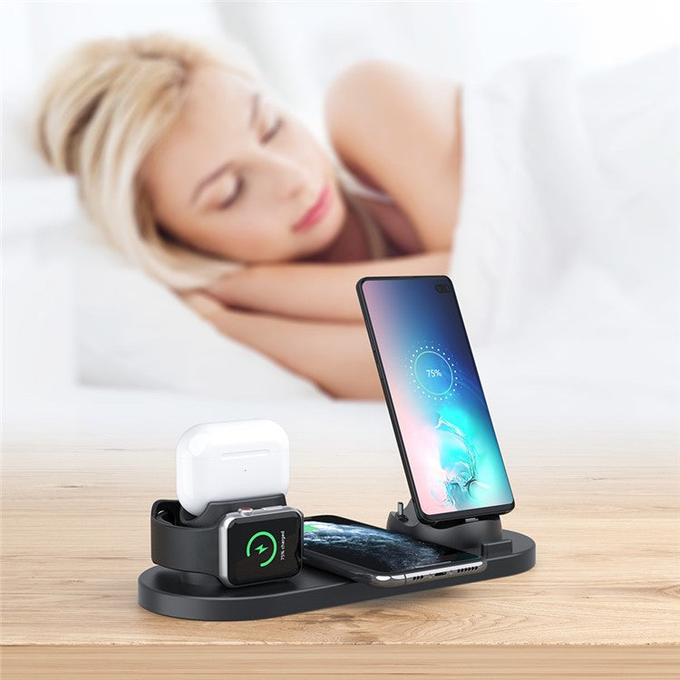 B07C 6-in-1 Desktop Phone Watch Earphone Charging Stand Wireless Charger - Black