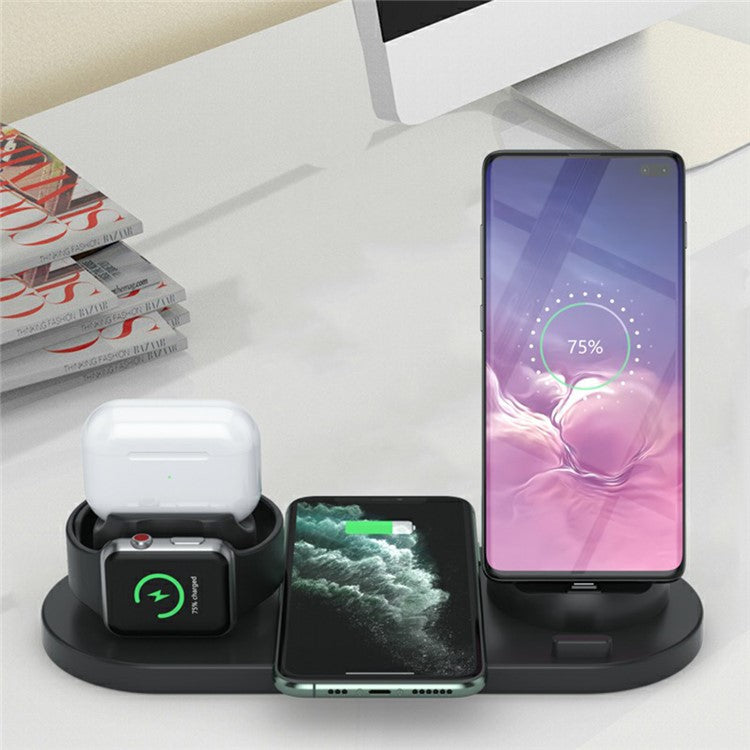 B07C 6-in-1 Desktop Phone Watch Earphone Charging Stand Wireless Charger - Black