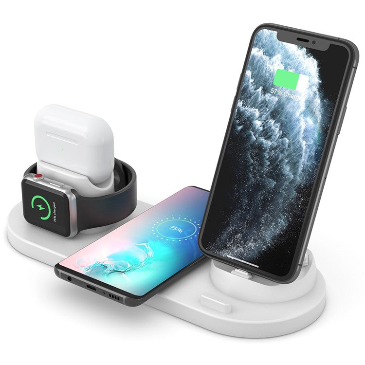 B07C 6-in-1 Desktop Phone Watch Earphone Charging Stand Wireless Charger - White