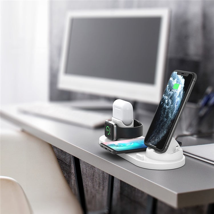 B07C 6-in-1 Desktop Phone Watch Earphone Charging Stand Wireless Charger - White