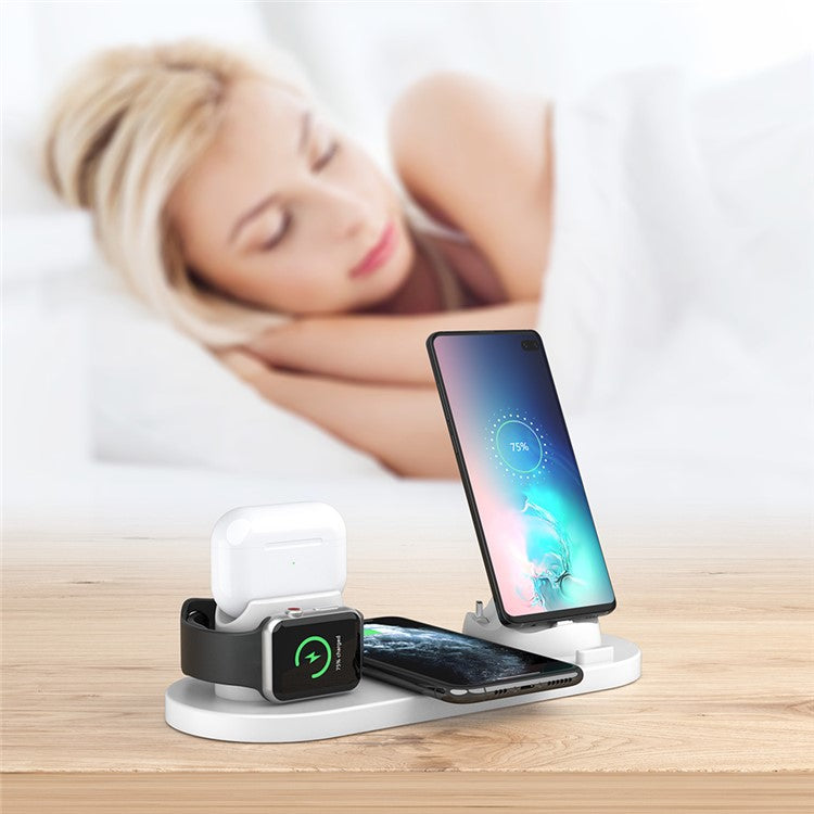 B07C 6-in-1 Desktop Phone Watch Earphone Charging Stand Wireless Charger - White