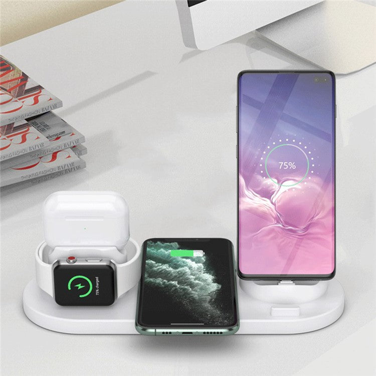 B07C 6-in-1 Desktop Phone Watch Earphone Charging Stand Wireless Charger - White