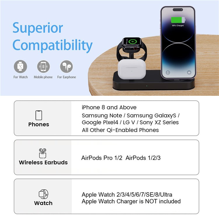 B25 For Apple Watch Wireless Charger Phone Earphone Direct Charging Stand - Black