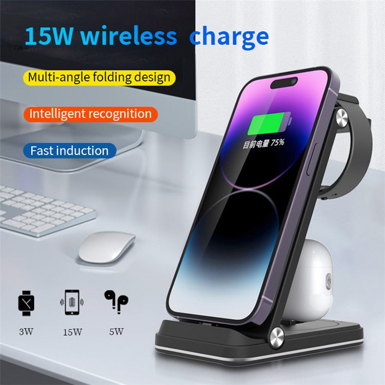 B27 3-in-1 Foldable Wireless Charger Phone Watch Earphone Charging Dock - Black