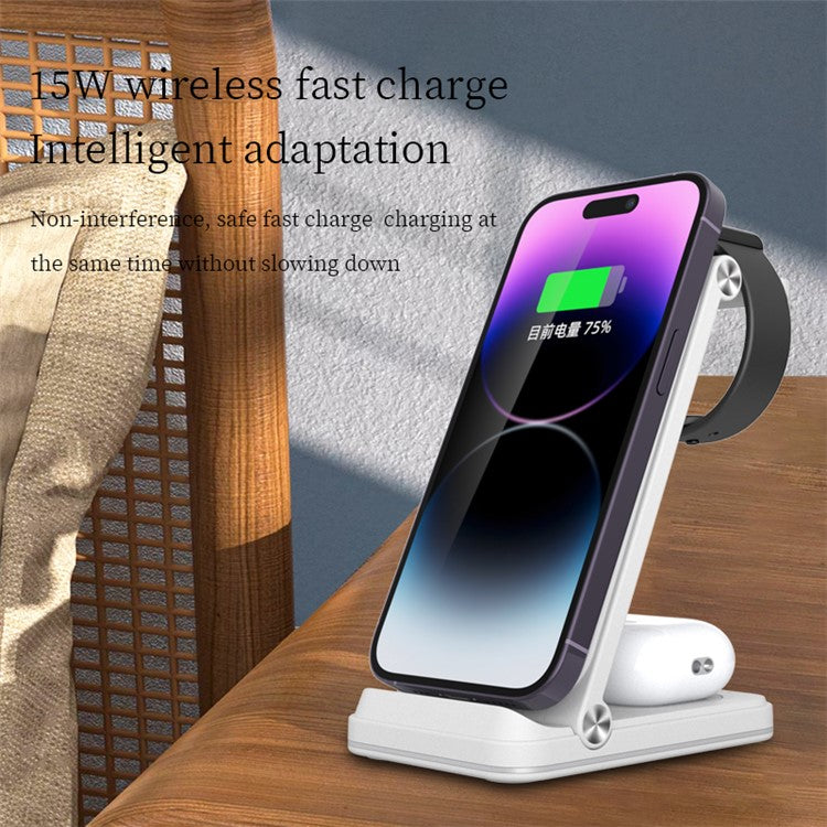 B27 3-in-1 Foldable Wireless Charger Phone Watch Earphone Charging Dock - Black