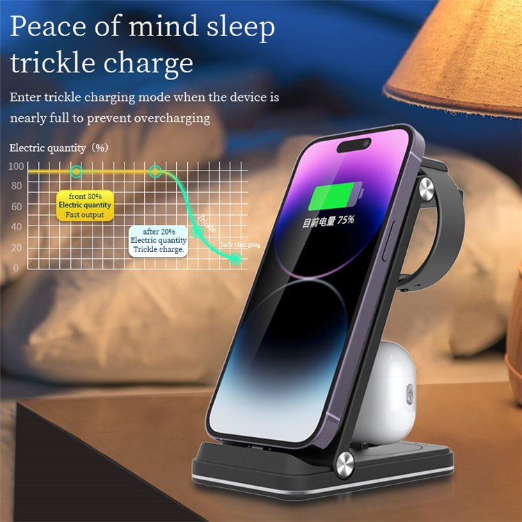 B27 3-in-1 Foldable Wireless Charger Phone Watch Earphone Charging Dock - Black