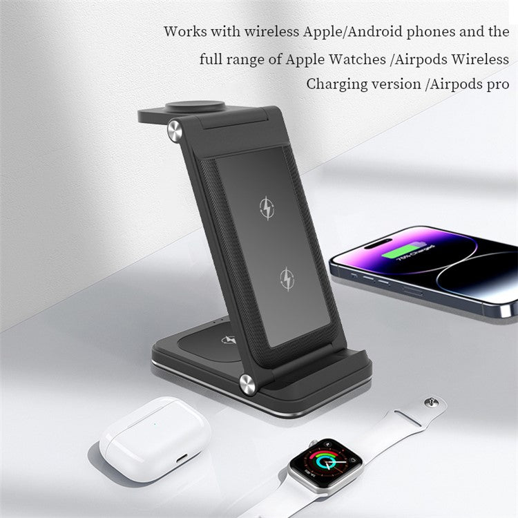 B27 3-in-1 Foldable Wireless Charger Phone Watch Earphone Charging Dock - Black