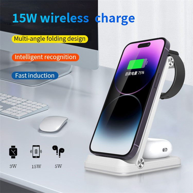 B27 3-in-1 Foldable Wireless Charger Phone Watch Earphone Charging Dock - White