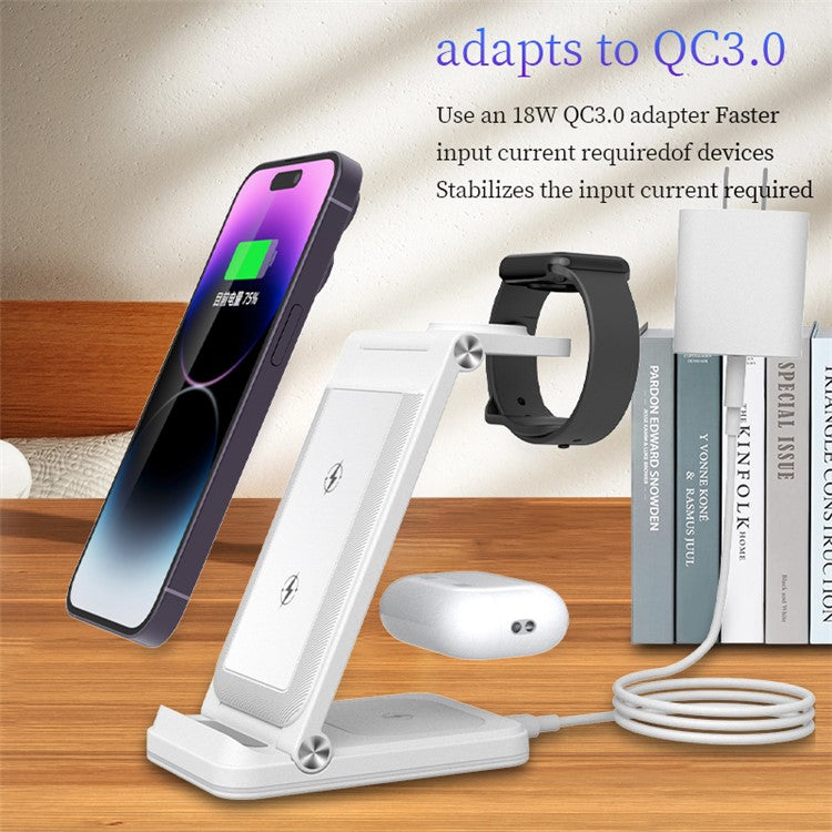 B27 3-in-1 Foldable Wireless Charger Phone Watch Earphone Charging Dock - White