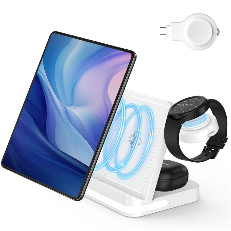 B26 For Samsung Watch Wireless Charger Foldable Phone Earphone Smartwatch 3-in-1 Charging Stand - White