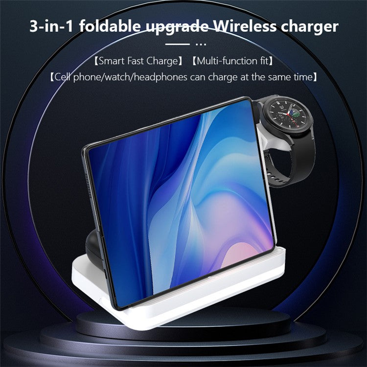 B26 For Samsung Watch Wireless Charger Foldable Phone Earphone Smartwatch 3-in-1 Charging Stand - White