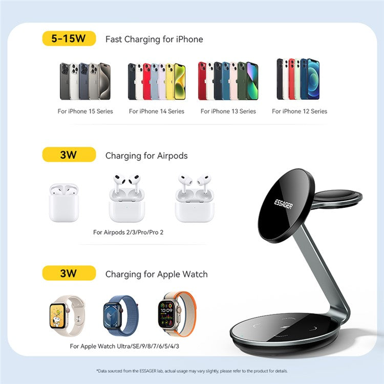 ESSAGER 3 In 1 Charging Pad 15W Wireless Charger Display Stand