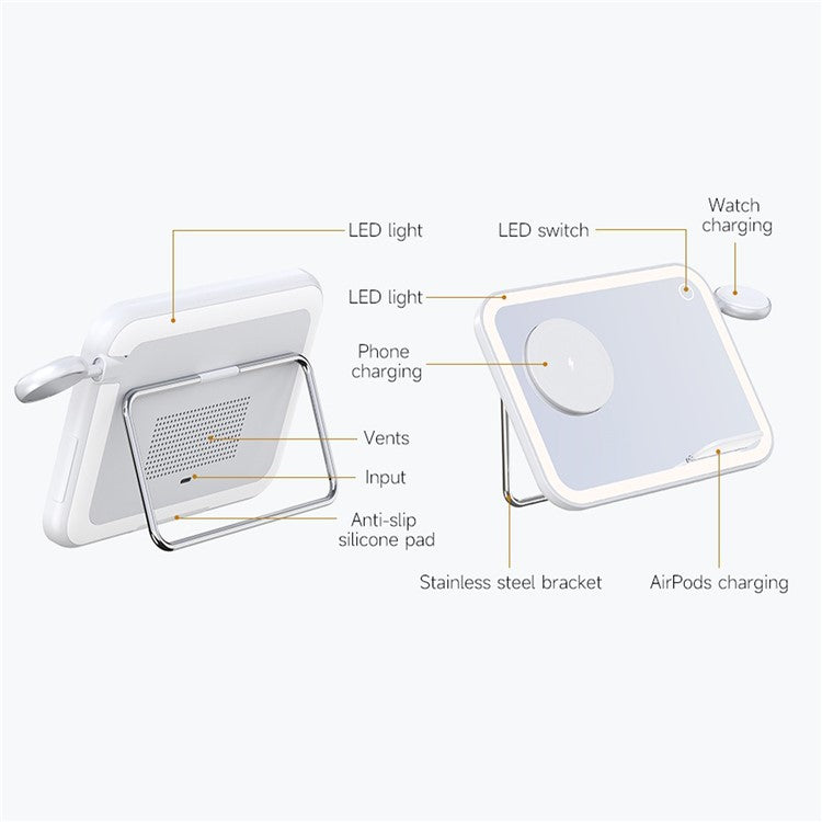 V22 3-in-1 Compatible with MagSafe Wireless Charger with LED Makeup Mirror and Night Light - White