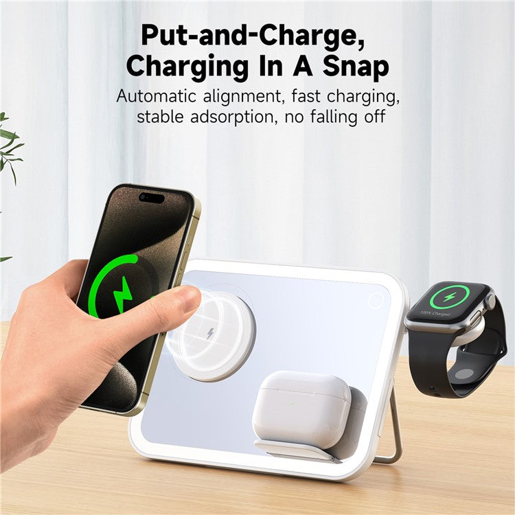 V22 3-in-1 Compatible with MagSafe Wireless Charger with LED Makeup Mirror and Night Light - White