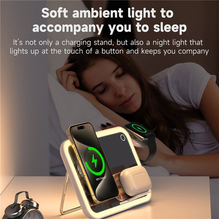 V22 3-in-1 Compatible with MagSafe Wireless Charger with LED Makeup Mirror and Night Light - White