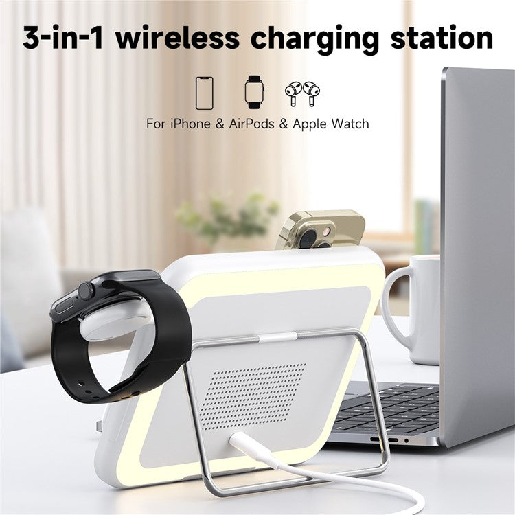 V22 3-in-1 Compatible with MagSafe Wireless Charger with LED Makeup Mirror and Night Light - White