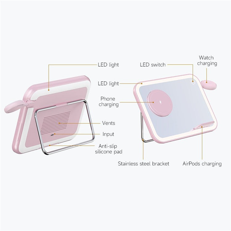 V22 3-in-1 Compatible with MagSafe Wireless Charger with LED Makeup Mirror and Night Light - Pink