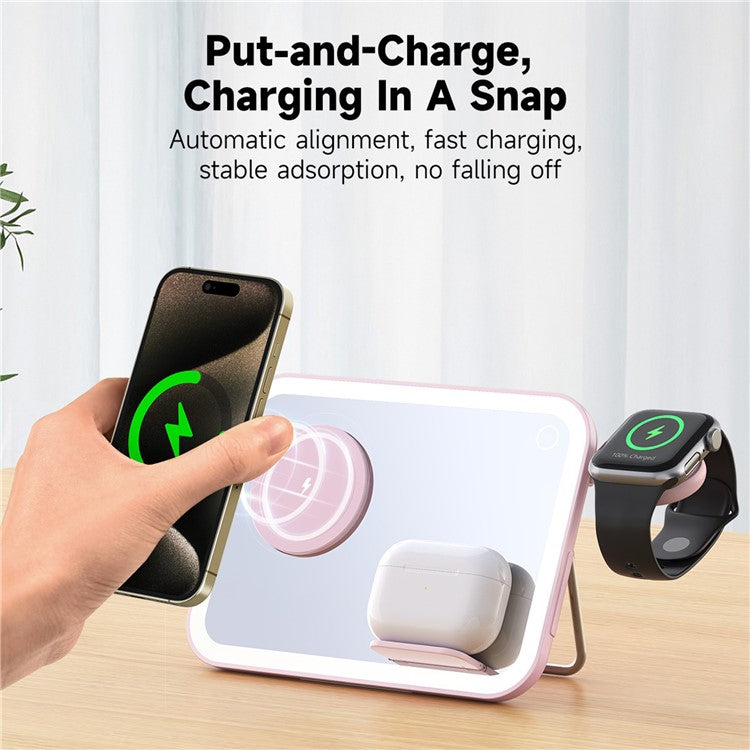 V22 3-in-1 Compatible with MagSafe Wireless Charger with LED Makeup Mirror and Night Light - Pink