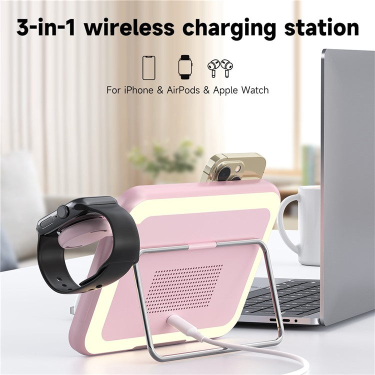 V22 3-in-1 Compatible with MagSafe Wireless Charger with LED Makeup Mirror and Night Light - Pink