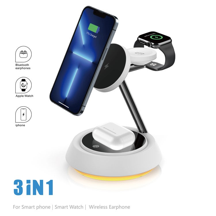 WIWU Wi-W002 For iPhone / Apple Watch / AirPods 3-in-1 Desktop Charging Stand 15W Magnetic Wireless Charger