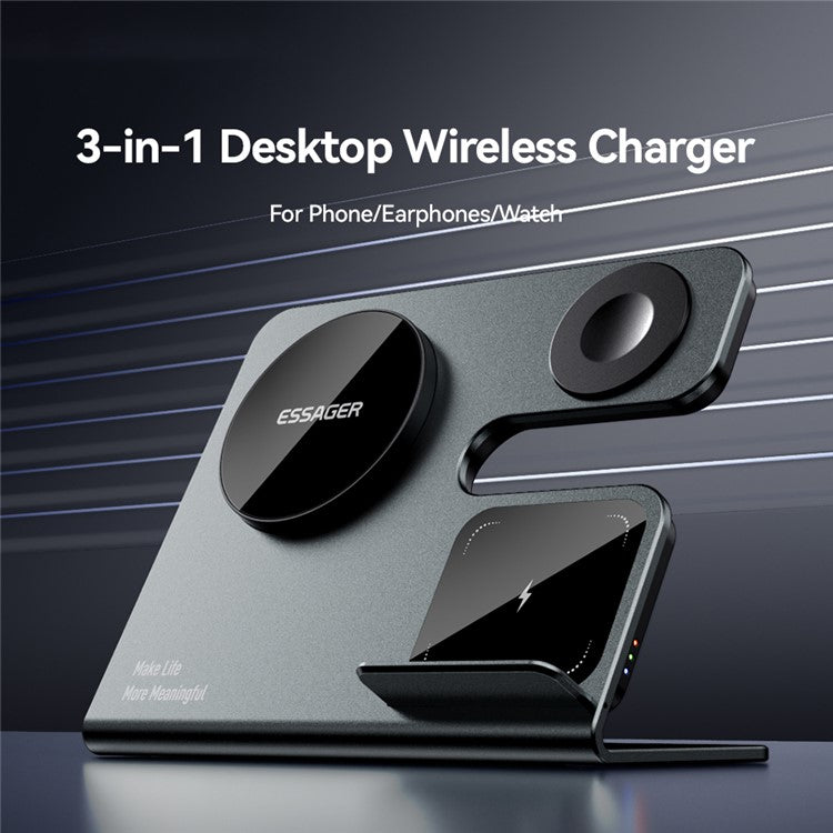 ESSAGER 3-in-1 15W Magnetic Wireless Charger Desktop Charging Station for Phone / Earphone / Smart Watch