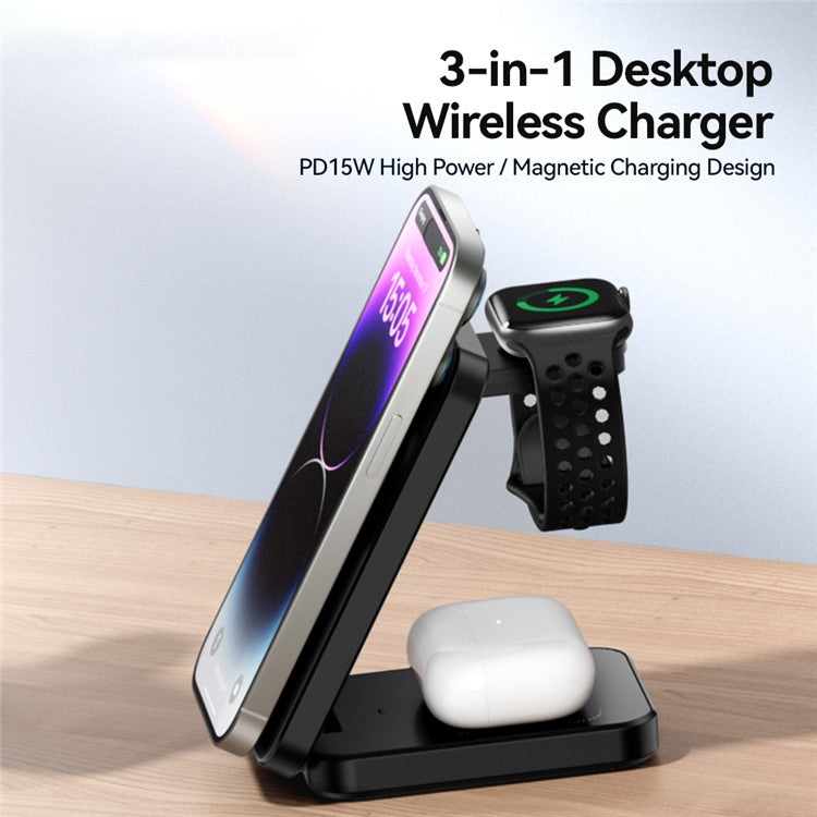 ESSAGER 15W Desktop 3-in-1 Magnetic Wireless Charger for Phone / Earphone / Smart Watch Foldable Charging Station