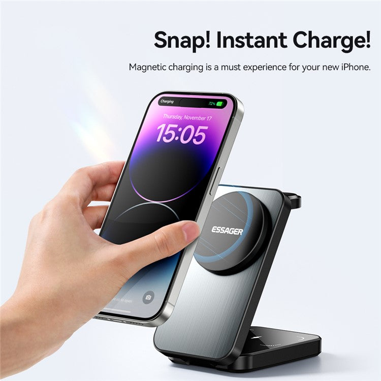 ESSAGER 15W Desktop 3-in-1 Magnetic Wireless Charger for Phone / Earphone / Smart Watch Foldable Charging Station