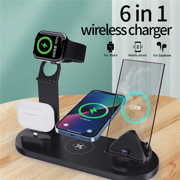 B-07 6-in-1 Desktop Phone Watch Earphone Charging Stand Wireless Charging Dock - Black