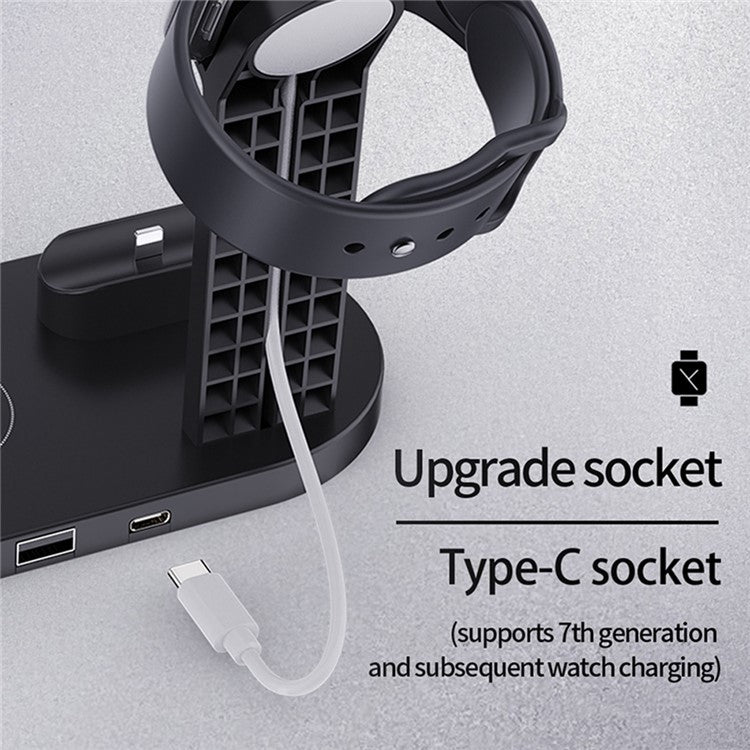 B-07 6-in-1 Desktop Phone Watch Earphone Charging Stand Wireless Charging Dock - Black