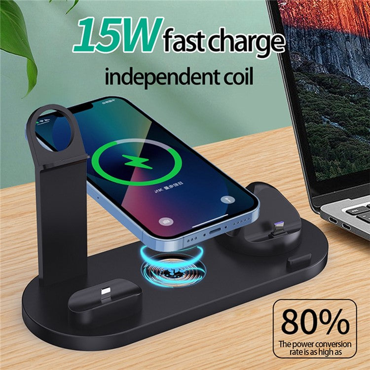 B-07 6-in-1 Desktop Phone Watch Earphone Charging Stand Wireless Charging Dock - Black