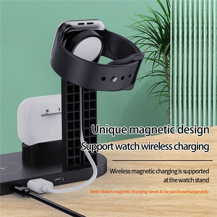 B-07 6-in-1 Desktop Phone Watch Earphone Charging Stand Wireless Charging Dock - Black