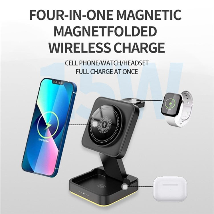 LHT-69 Phone Watch Earphone 3-in-1 Desktop Charging Stand Foldable Magnetic Wireless Charger - Black