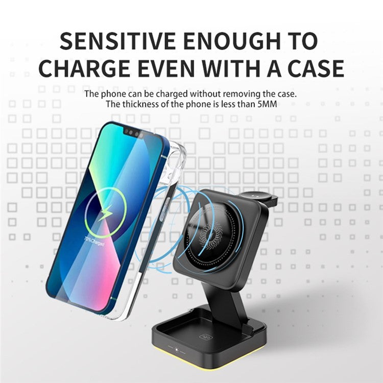 LHT-69 Phone Watch Earphone 3-in-1 Desktop Charging Stand Foldable Magnetic Wireless Charger - Black